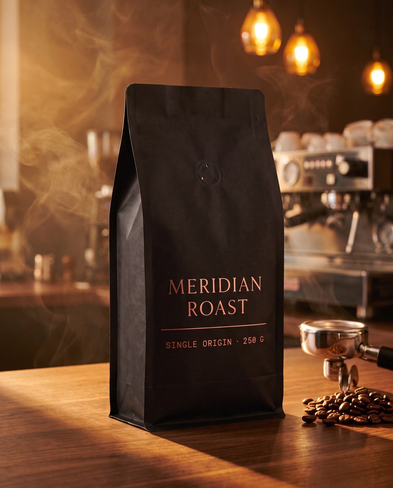 MERIDIAN ROAST 250 g kahve paketi, espresso barı tezgâhında