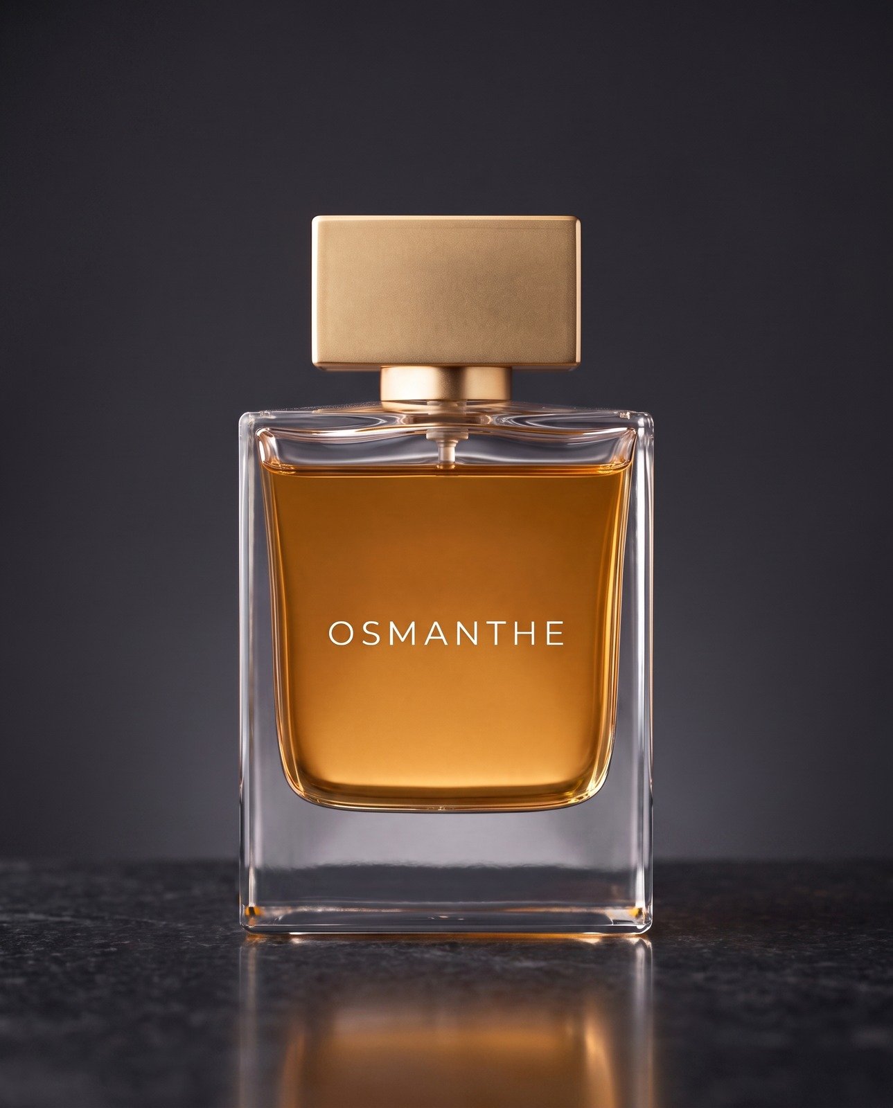 OSMANTHE amber parfüm, koyu taş üstünde arka ışıkla