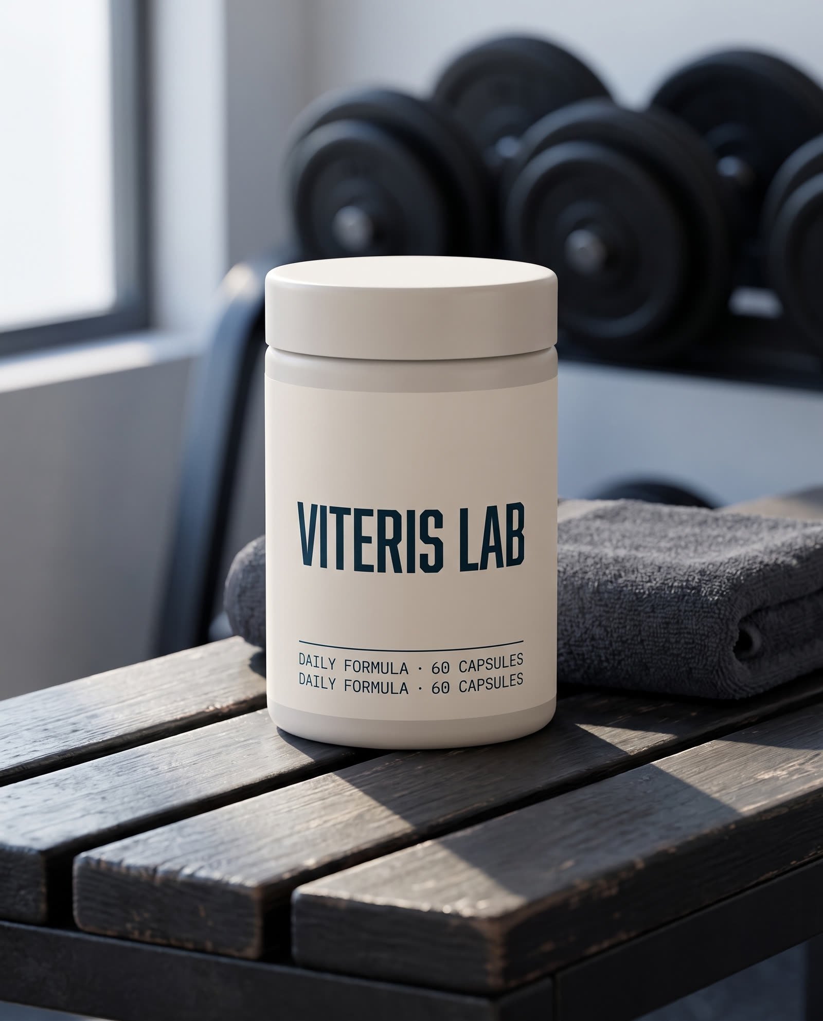 VITERIS LAB kapsül kavanozu, spor salonu bench'inde